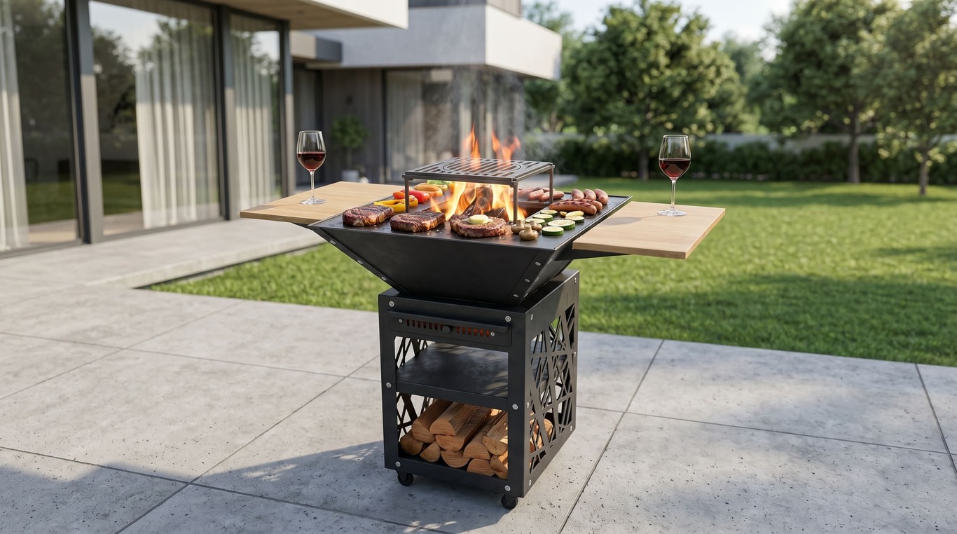 Collapsible 31-Inch Square BBQ Grill V2 with Wooden Tabletop. DXF, SVG files for plasma, laser cutting. Plancha BBQ