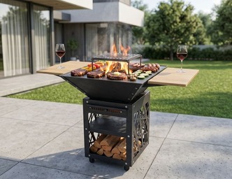 Collapsible 31-Inch Square BBQ Grill V2 with Wooden Tabletop. DXF, SVG files for plasma, laser cutting. Plancha BBQ