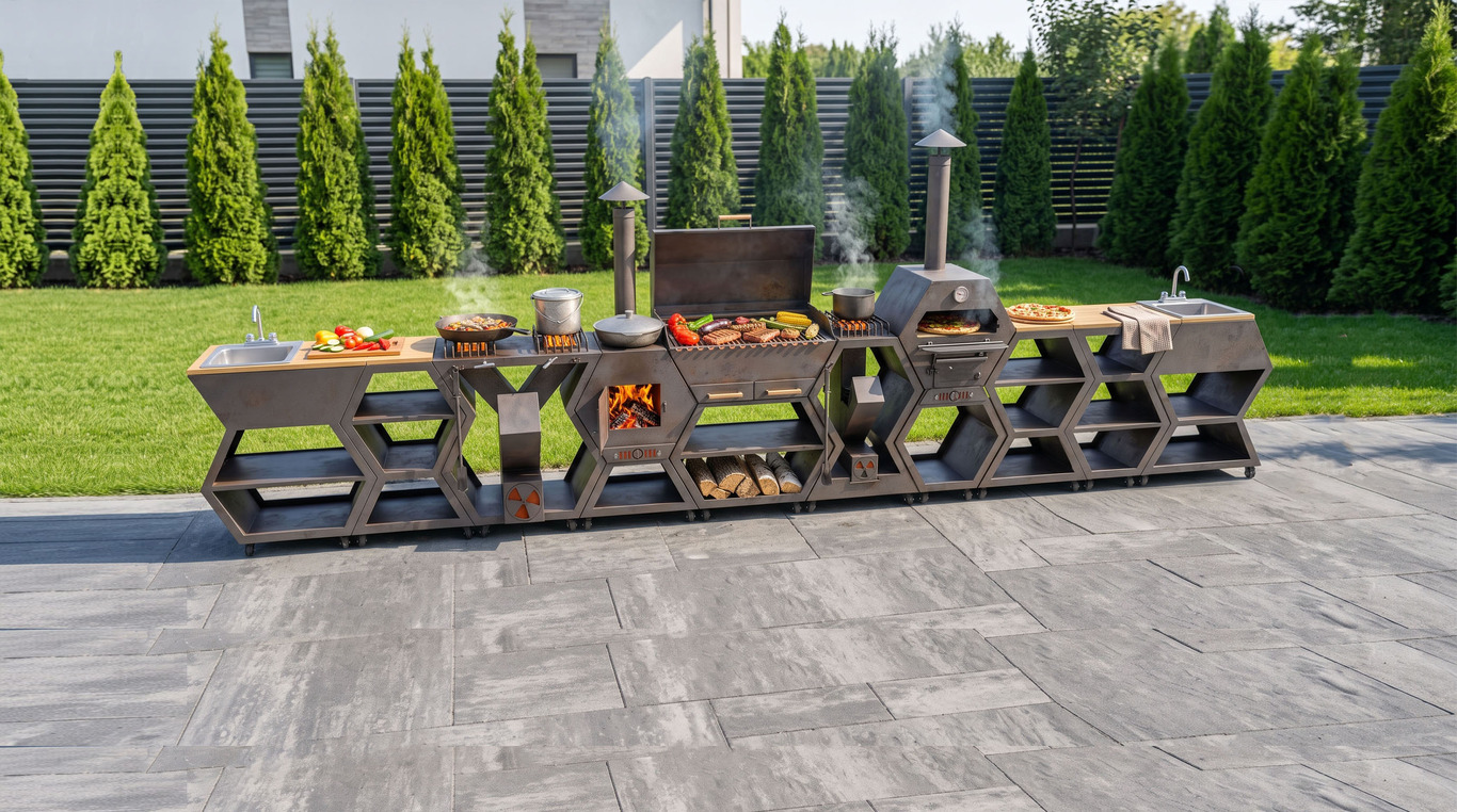 Modular Outdoor Kitchen. DXF, SVG files for plasma, laser cutting. BBQ + Pizza Oven + Cauldron Stove + Rocket Stove + Sink + Table