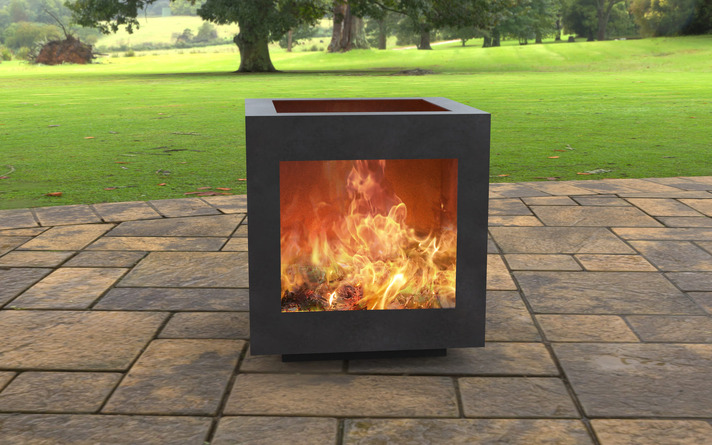 Modern Cube Backyard Fireplace with Square Cutout. DXF, SVG files for laser, plasma cutting. Garden Fire Pit