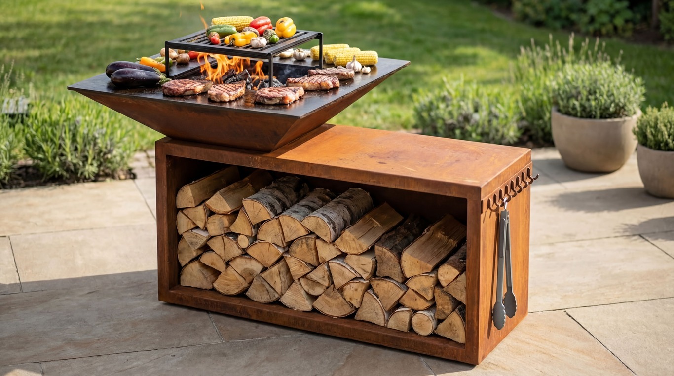 Square Fire Pit Grill V2 with Niche for Firewood. DXF files for plasma, laser cutting. Plancha BBQ. Фото 2