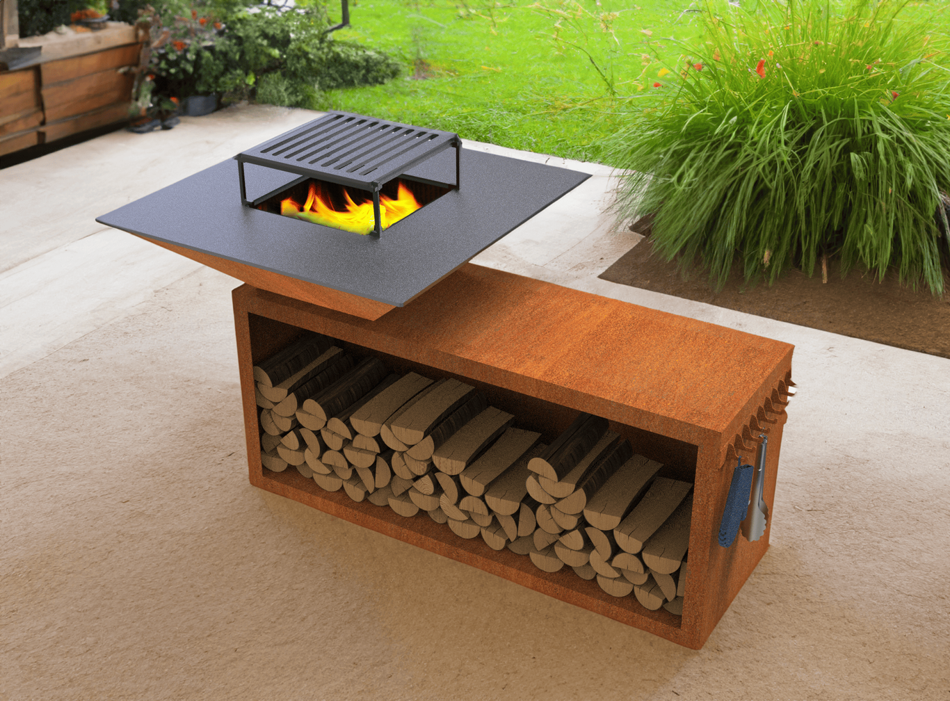 Square Fire Pit Grill V2 with Niche for Firewood. DXF files for plasma, laser cutting. Plancha BBQ. Фото 7