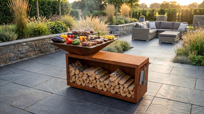 Square Fire Pit Grill V2 with Niche for Firewood. DXF files for plasma, laser cutting. Plancha BBQ