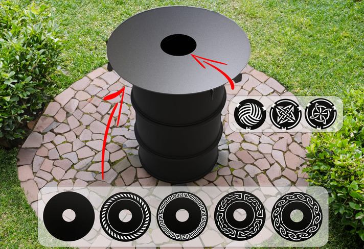 Round 80 cm Fire Plate Grill V2 for Fire Barrel. DXF files for laser, plasma cutting. Plancha BBQ
