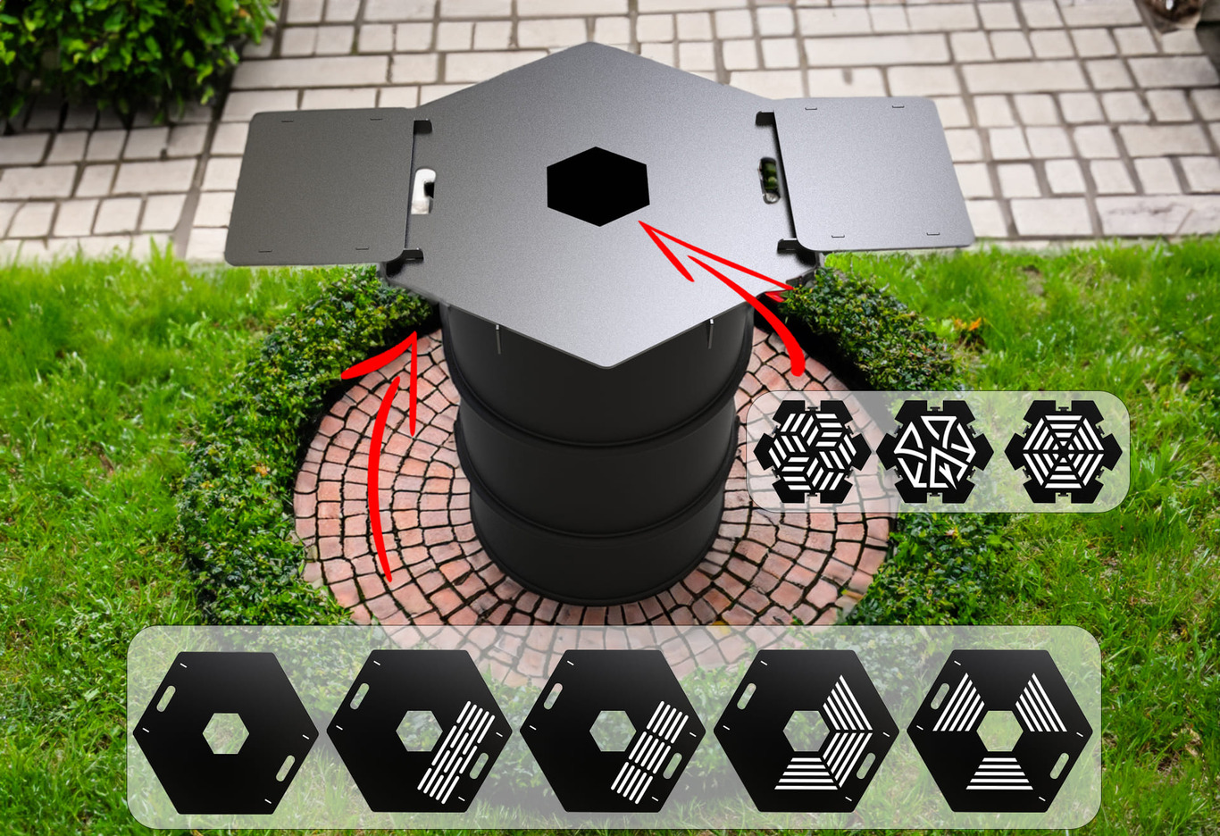 Hexagon 80 cm Fire Plate Grill for Fire Barrel. DXF files for laser, plasma cutting. Plancha BBQ