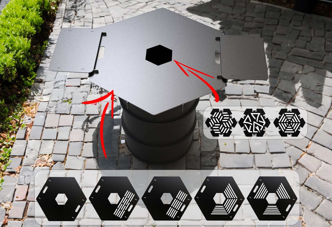 Hexagon 100 cm Fire Plate Grill for Fire Barrel. DXF files for laser, plasma cutting. Plancha BBQ