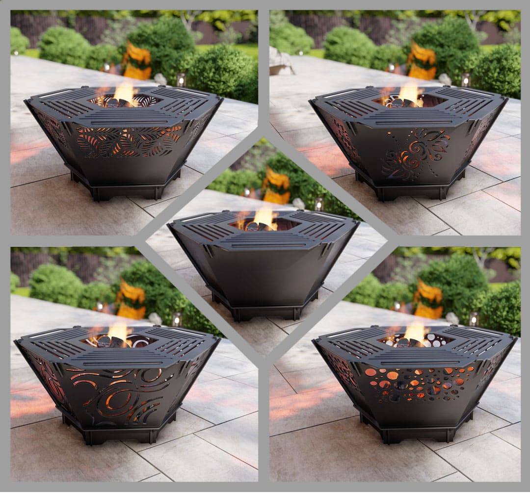 Hexagons Foldable 5-in-1 Fire Pit Grill. DXF, SVG files for plasma, laser cutting. Backyard BBQ