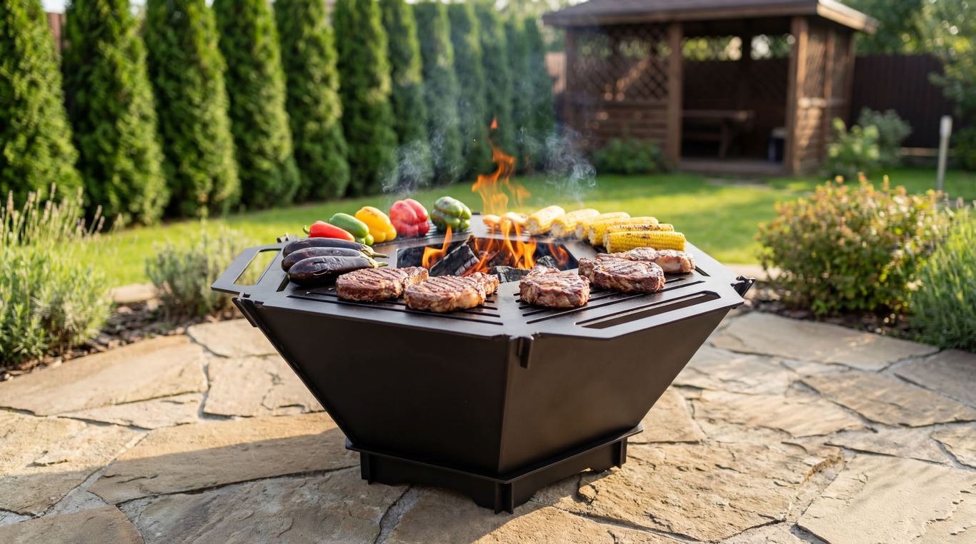 Hexagons Foldable 5-in-1 Fire Pit Grill. DXF, SVG files for plasma, laser cutting. Backyard BBQ. Фото 2