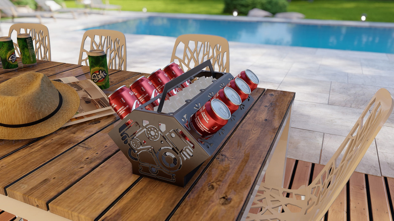 Beer and Soda Holder Engine V8. DXF, SVG files for plasma, laser cutting. Box for 330 ml and 500 ml Cans. Фото 4