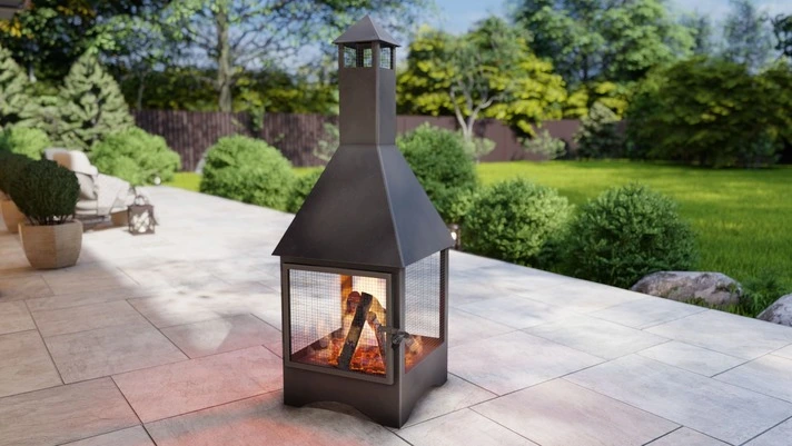 Square Vision Outdoor Fireplace with Spark Arrestor. Chiminea Fire