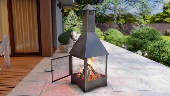 Square Vision Outdoor Fireplace with Spark Arrestor. Chiminea Fire