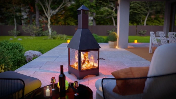 Square Vision Outdoor Fireplace with Spark Arrestor. Chiminea Fire