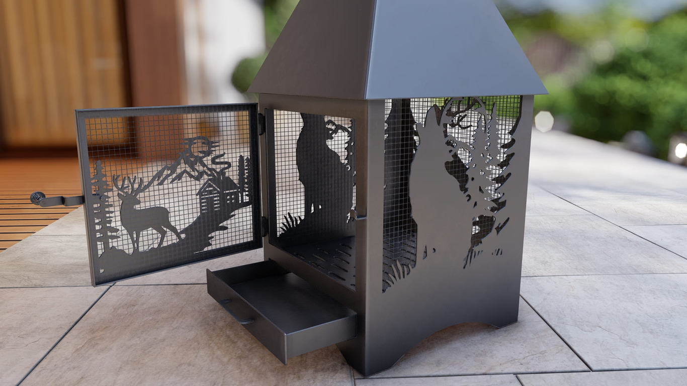 Square Vision Animals Design Outdoor Fireplace with Spark Arrestor. DXF, SVG files for plasma, laser cutting. Chiminea Fire Pit. Фото 14