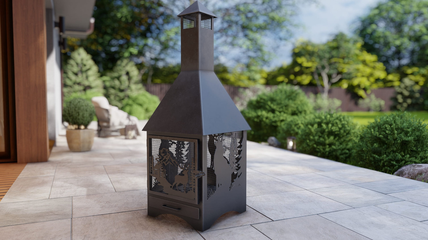 Square Vision Animals Design Outdoor Fireplace with Spark Arrestor. DXF, SVG files for plasma, laser cutting. Chiminea Fire Pit. Фото 16