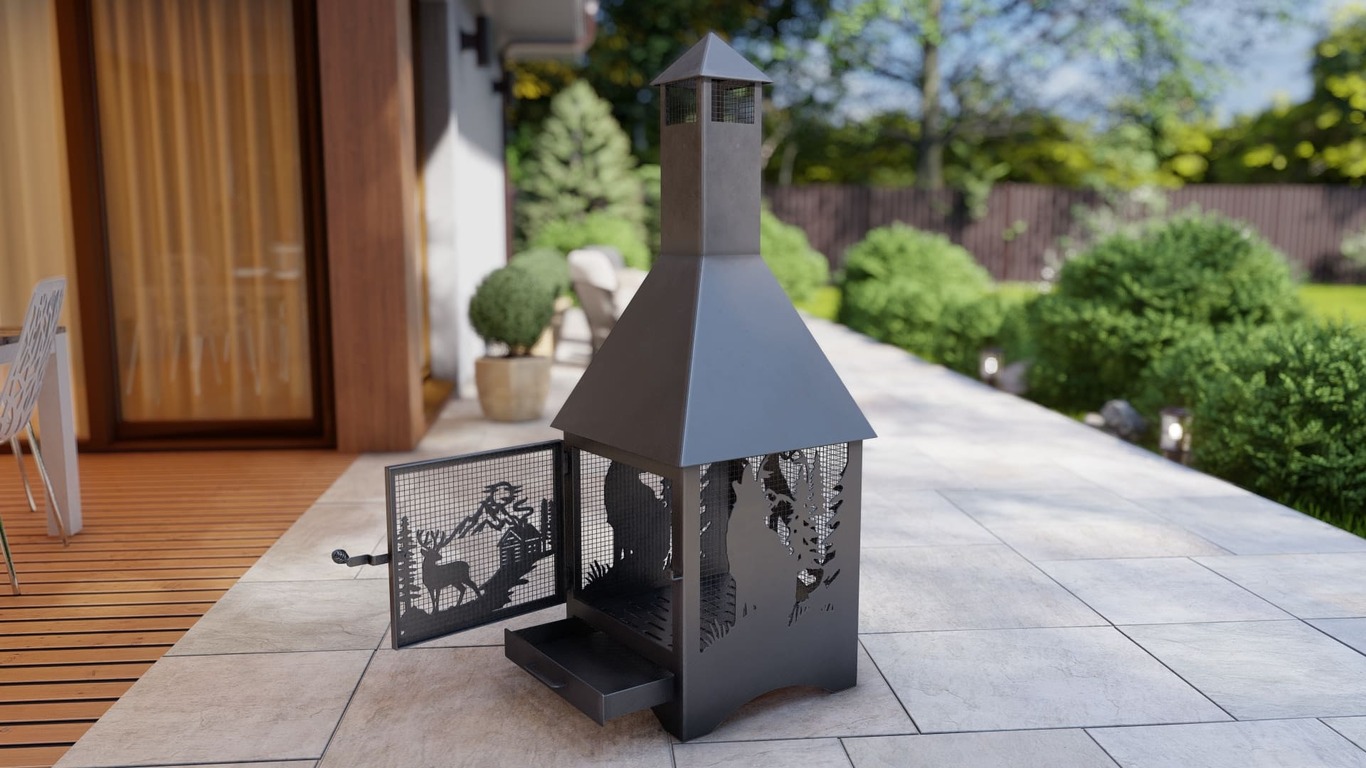 Square Vision Animals Design Outdoor Fireplace with Spark Arrestor. DXF, SVG files for plasma, laser cutting. Chiminea Fire Pit. Фото 15