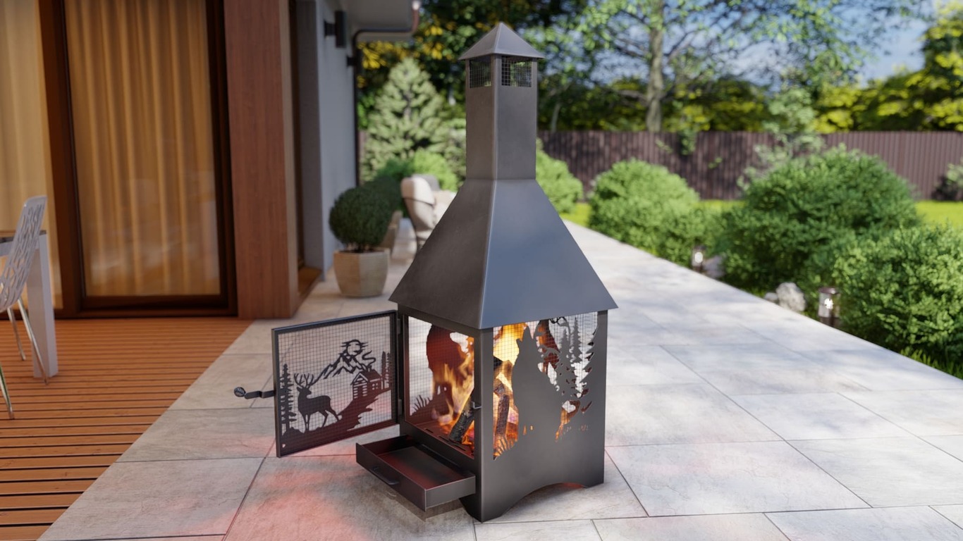 Square Vision Animals Design Outdoor Fireplace with Spark Arrestor. DXF, SVG files for plasma, laser cutting. Chiminea Fire Pit. Фото 2