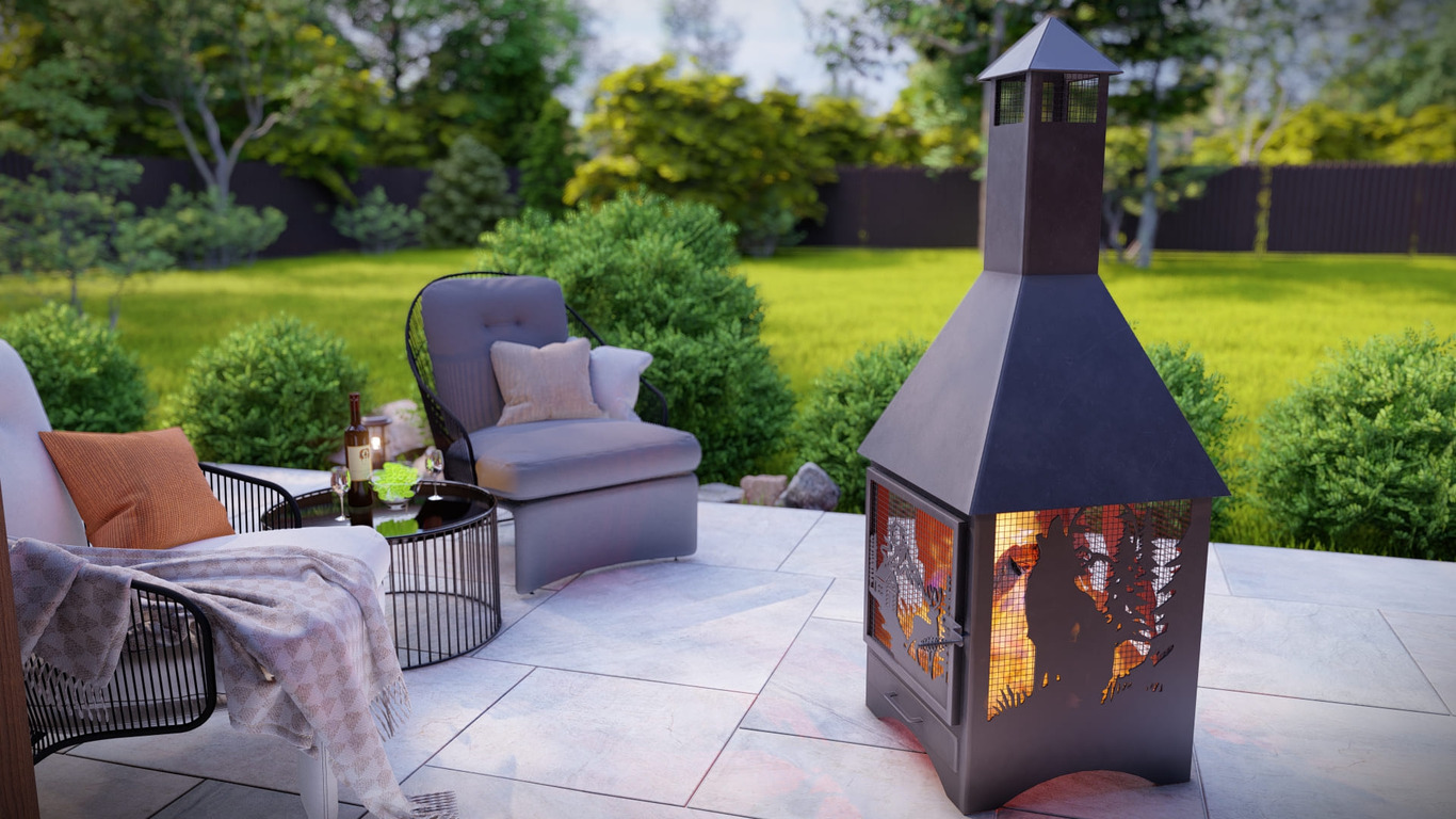 Square Vision Animals Design Outdoor Fireplace with Spark Arrestor. DXF, SVG files for plasma, laser cutting. Chiminea Fire Pit. Фото 3