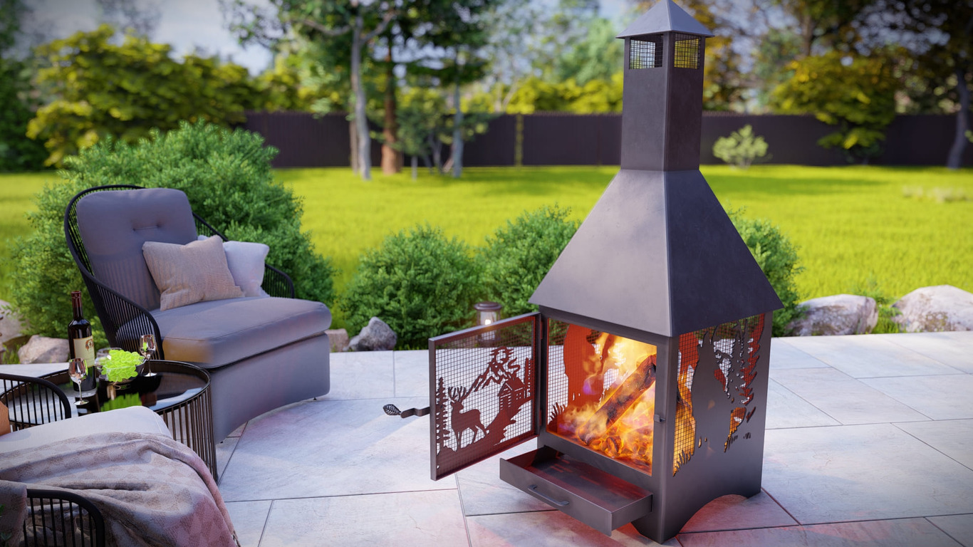 Square Vision Animals Design Outdoor Fireplace with Spark Arrestor. DXF, SVG files for plasma, laser cutting. Chiminea Fire Pit. Фото 4