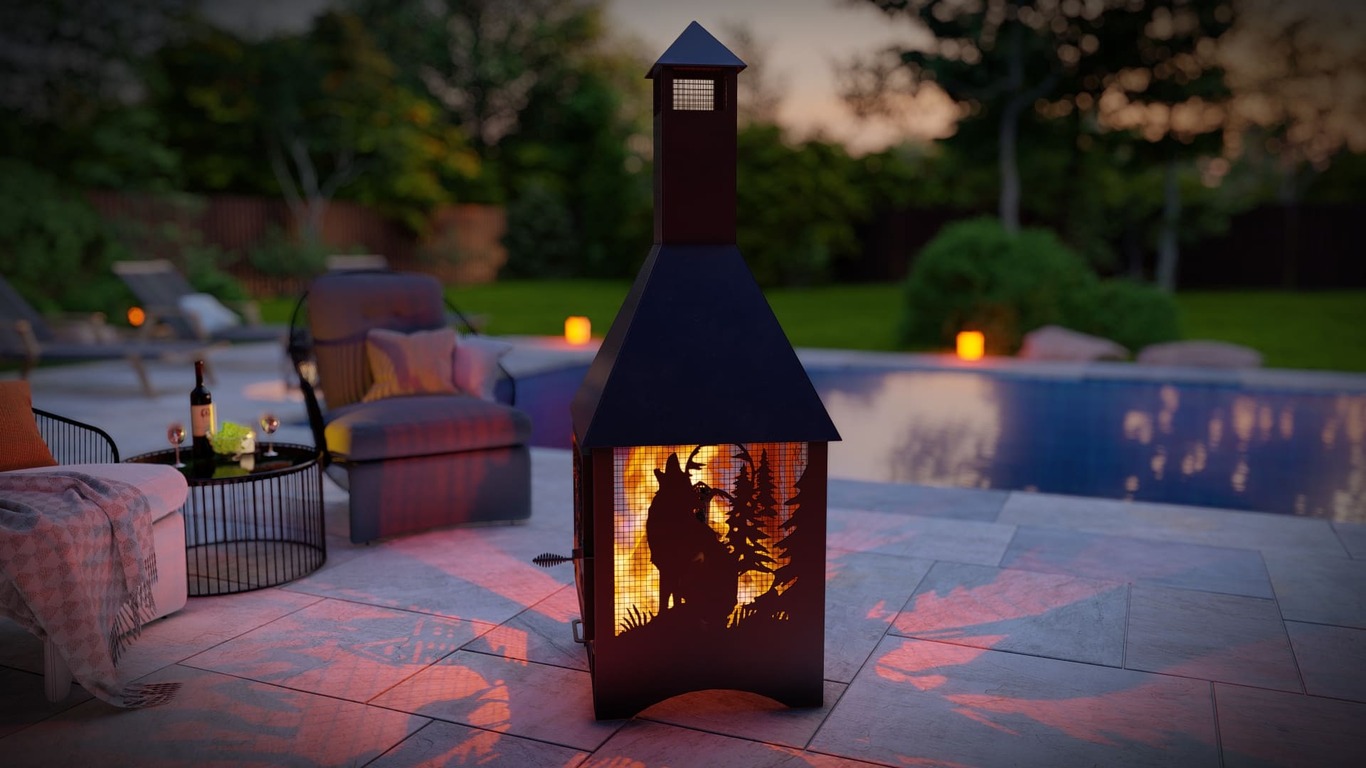 Square Vision Animals Design Outdoor Fireplace with Spark Arrestor. DXF, SVG files for plasma, laser cutting. Chiminea Fire Pit. Фото 9