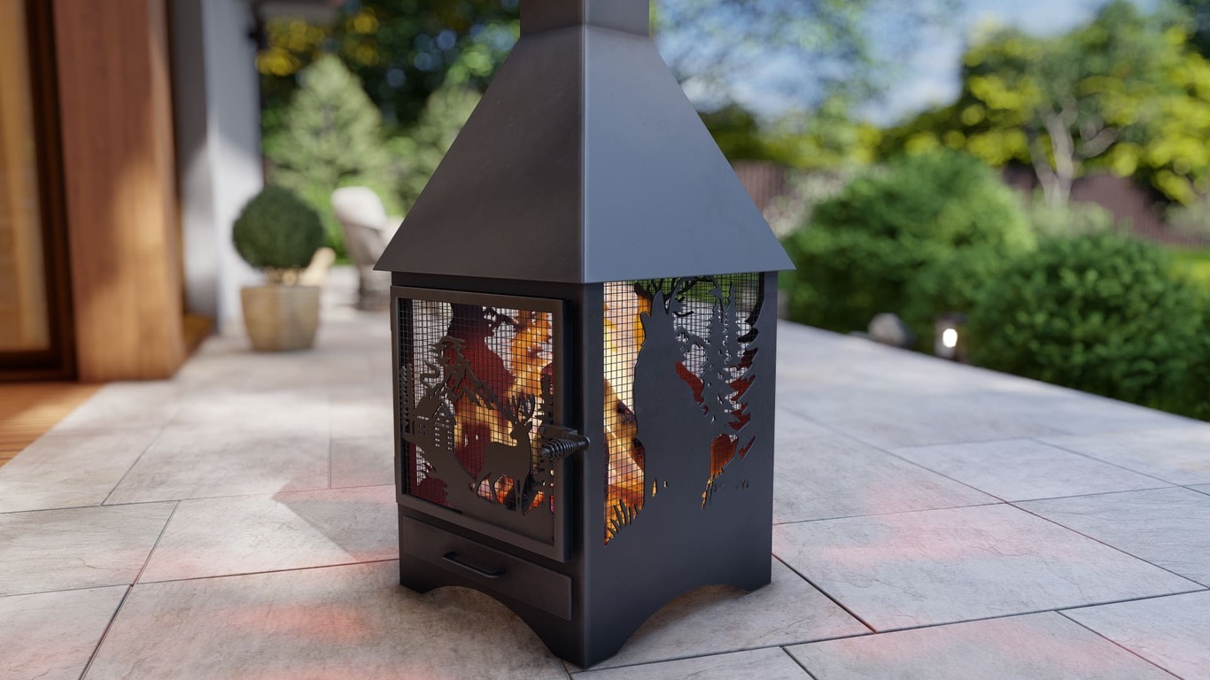 Square Vision Animals Design Outdoor Fireplace with Spark Arrestor. DXF, SVG files for plasma, laser cutting. Chiminea Fire Pit. Фото 8