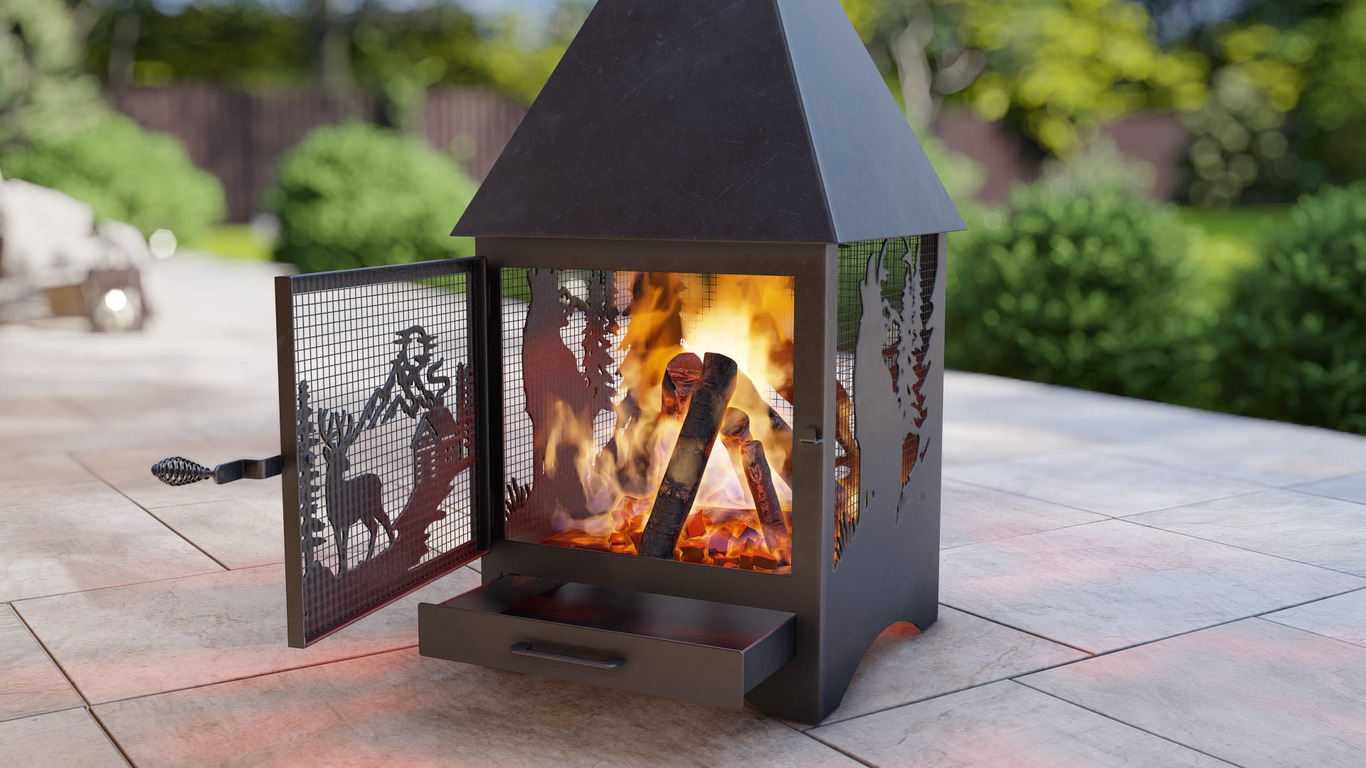 Square Vision Animals Design Outdoor Fireplace with Spark Arrestor. DXF, SVG files for plasma, laser cutting. Chiminea Fire Pit. Фото 10
