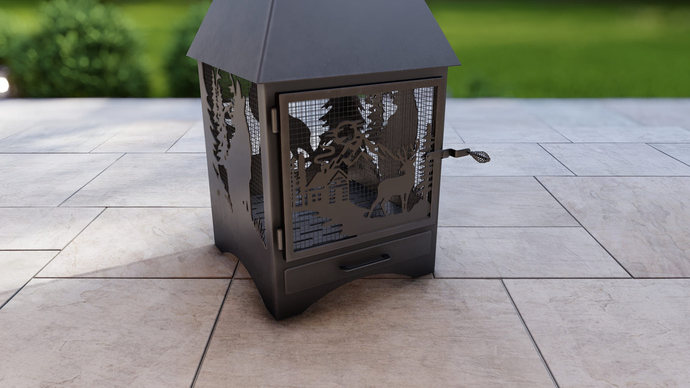 Square Vision Animals Design Outdoor Fireplace with Spark Arrestor. DXF, SVG files for plasma, laser cutting. Chiminea Fire Pit. Фото 11