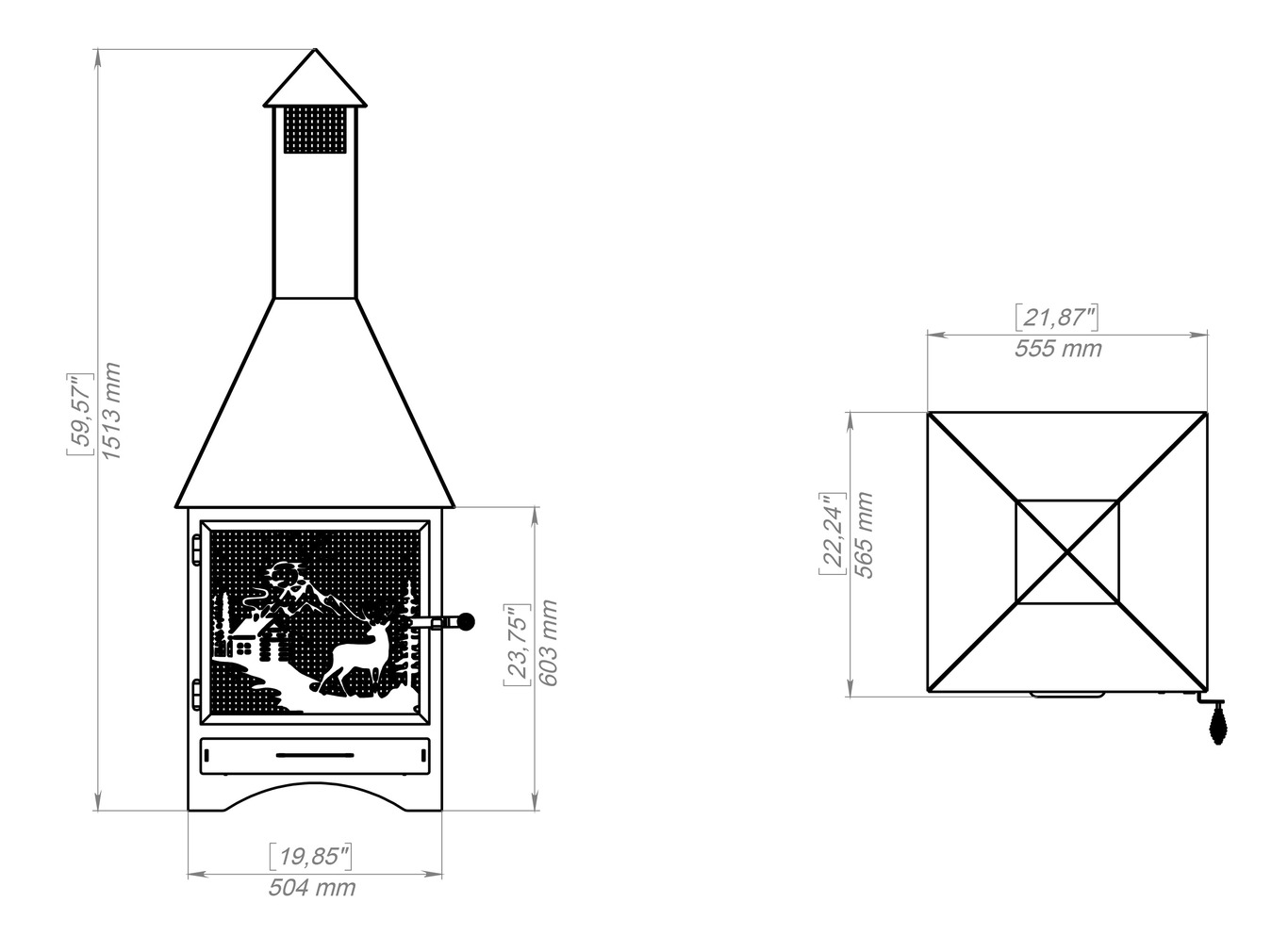 Square Vision Animals Design Outdoor Fireplace with Spark Arrestor. DXF, SVG files for plasma, laser cutting. Chiminea Fire Pit. Фото 18