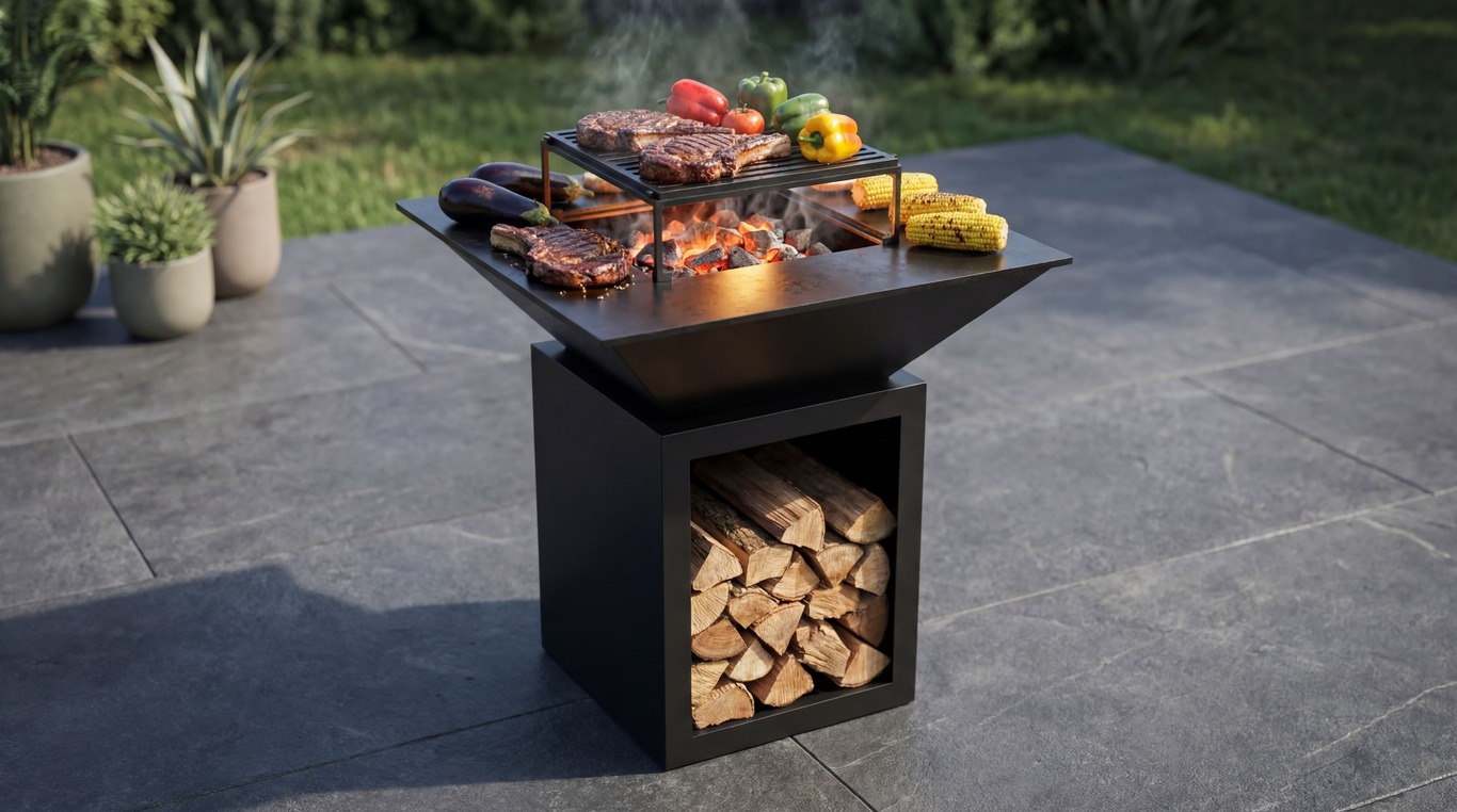32-Inch Square Fire Pit Grill with Niche for Firewood. DXF files for plasma, laser cutting. Plancha BBQ. Фото 2