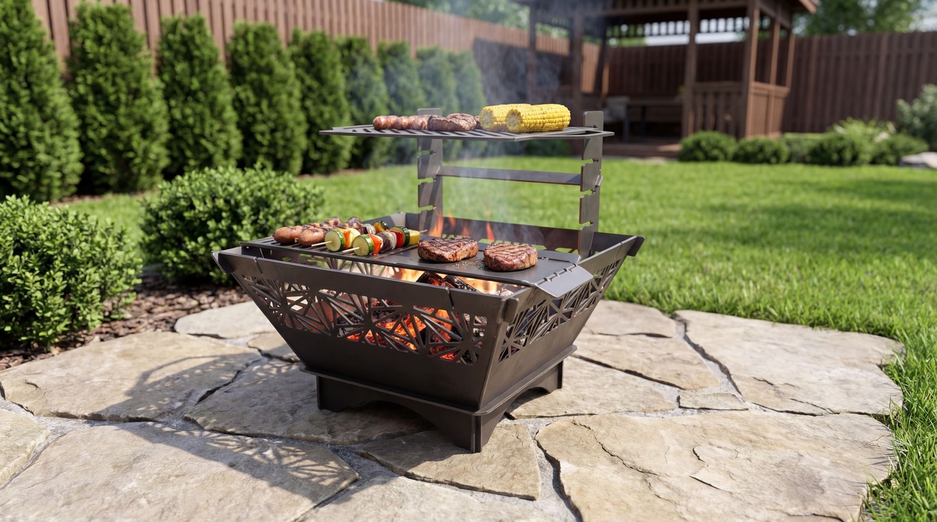 Square Foldable Fire Pit Grill V4. DXF, SVG files for plasma, laser cutting. Backyard BBQ. Фото 2