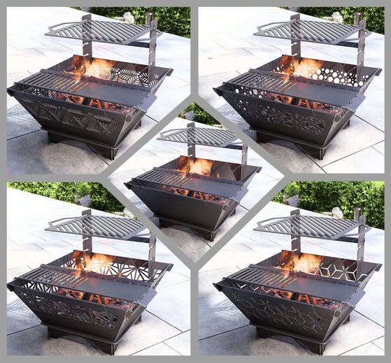Square Foldable 5-in-1 Fire Pit Grill. DXF, SVG files for plasma, laser cutting. Backyard BBQ