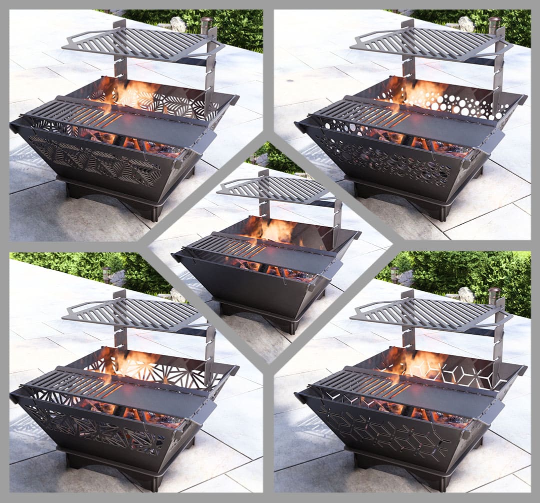 Square Foldable 5-in-1 Fire Pit Grill. DXF, SVG files for plasma, laser cutting. Backyard BBQ