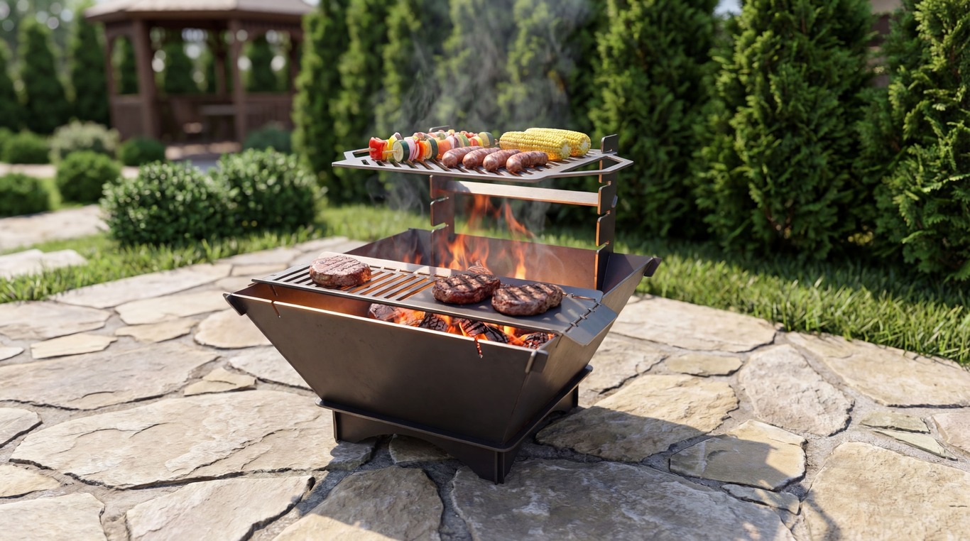 Square Foldable 5-in-1 Fire Pit Grill. DXF, SVG files for plasma, laser cutting. Backyard BBQ. Фото 2