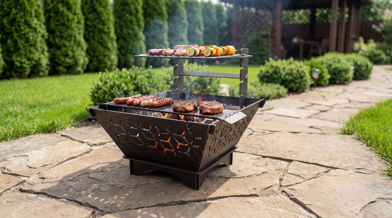 Square Foldable 5-in-1 Fire Pit Grill. DXF, SVG files for plasma, laser cutting. Backyard BBQ. Фото 3